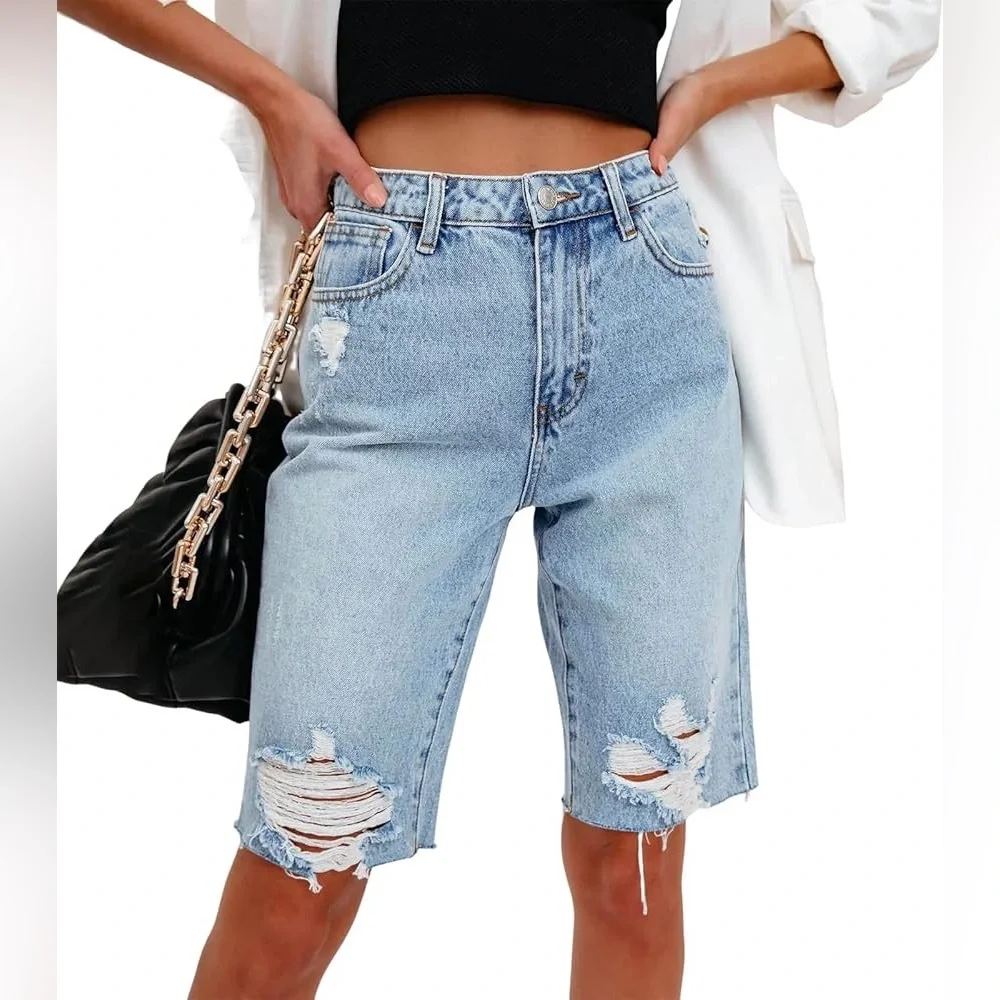 NWT Simple Society Baggy Bermuda Dad Jean Shorts Denim Distressed Summer Casual